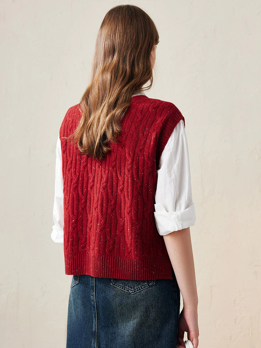100% Wool Women's Cable Knit Button-Front Vest