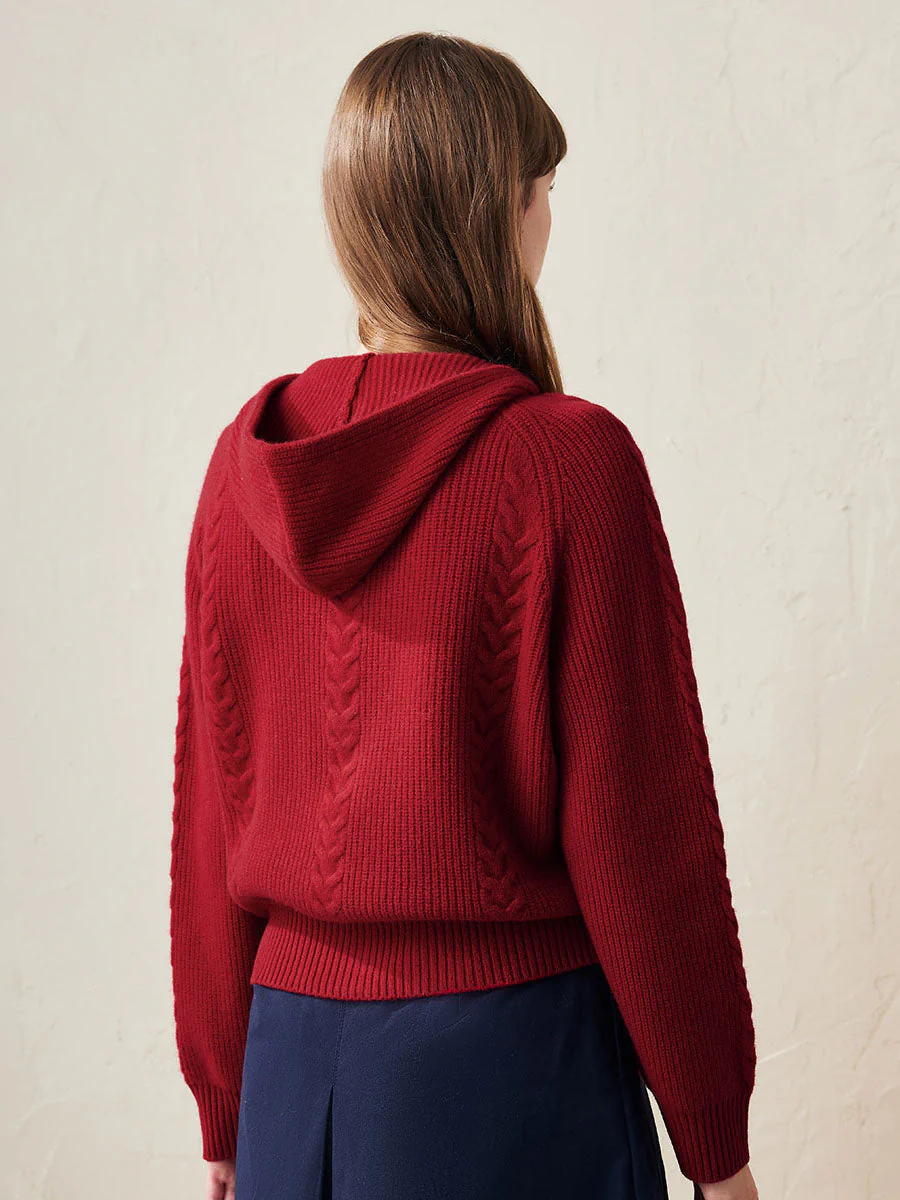 100% Wool Women's Cardigan Cable Knit Hoodie