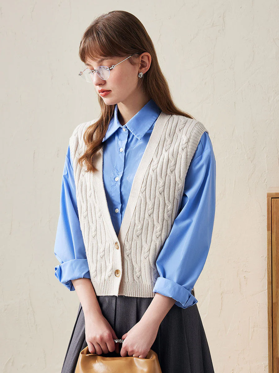 100% Wool Women's Cable Knit Button-Front Vest