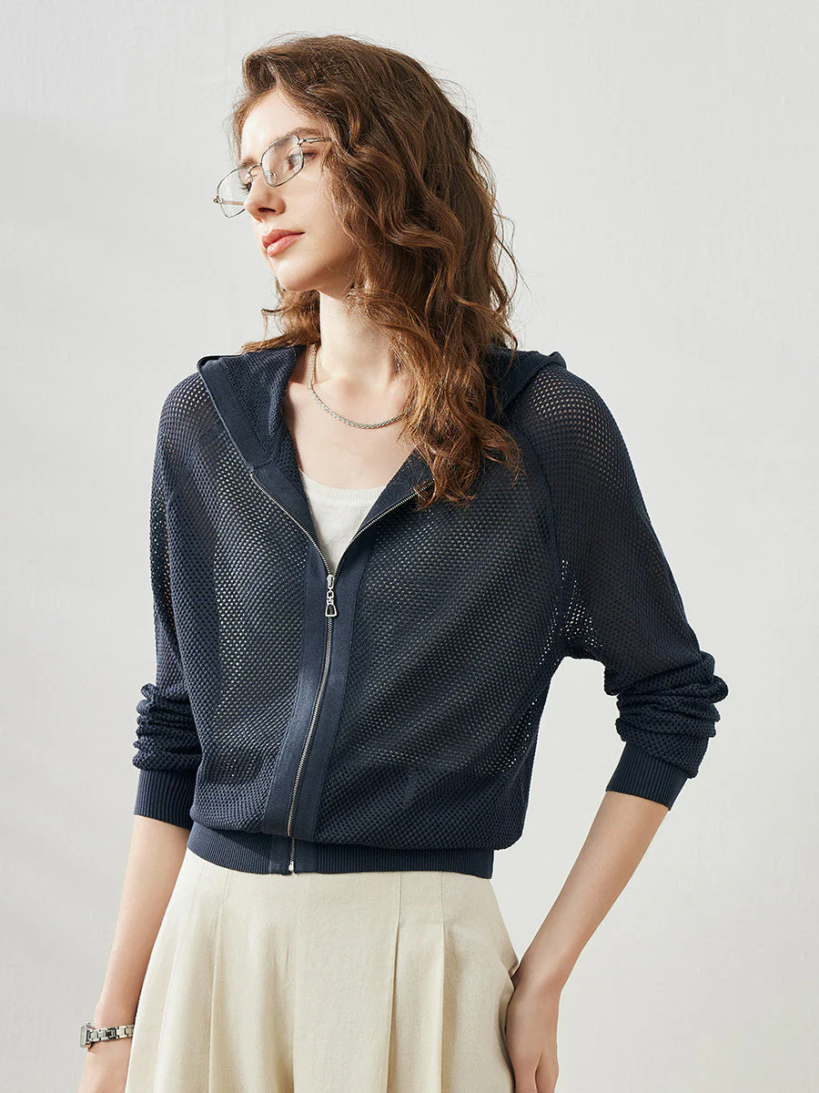 Women's Ribbed Mesh Zip-Up Hoodie