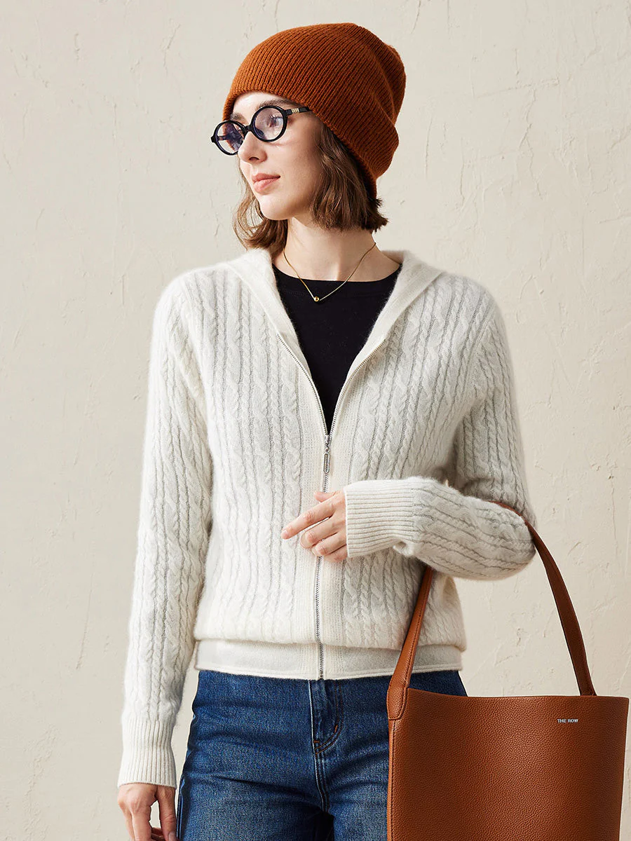100% Cashmere Women's Cardigan Cable Knit Hoodie