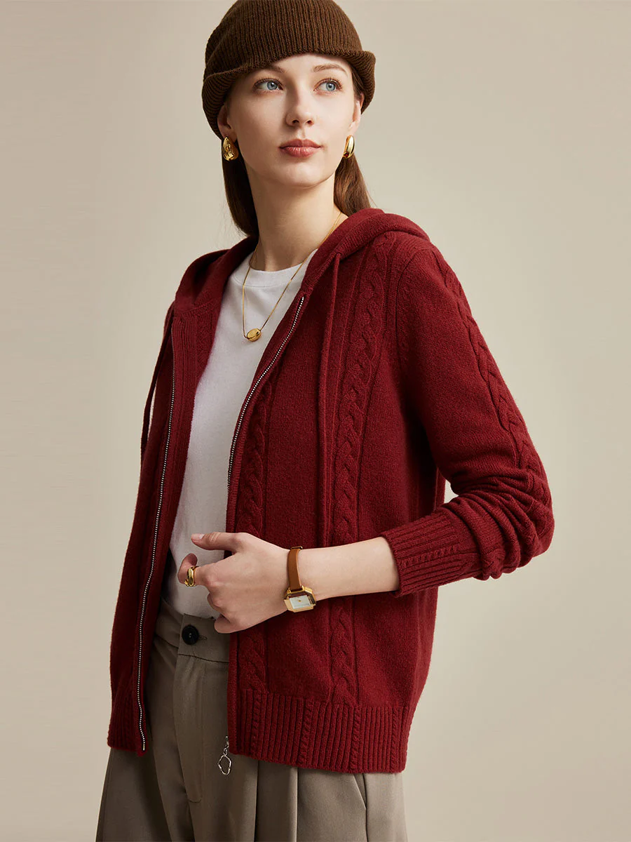100% Wool Women's Cable Knit Zip Cardigan Hoodie