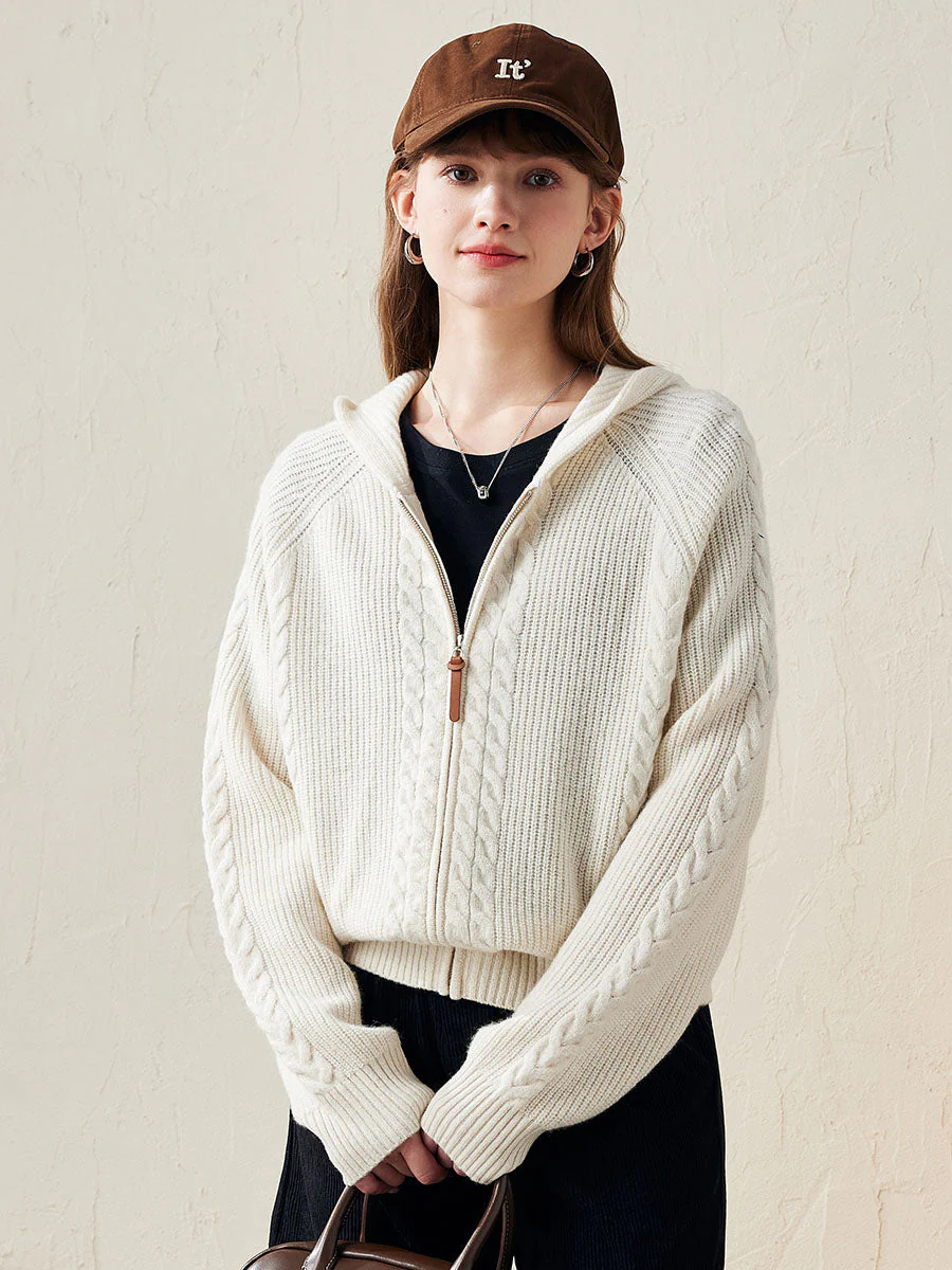 100% Wool Women's Cardigan Cable Knit Hoodie