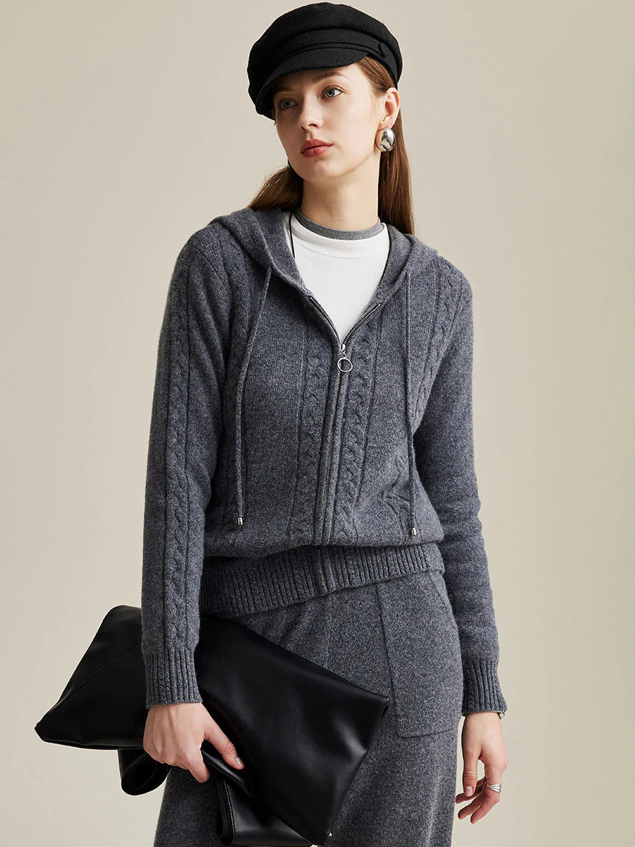 100% Wool Women's Cable Knit Zip Cardigan Hoodie