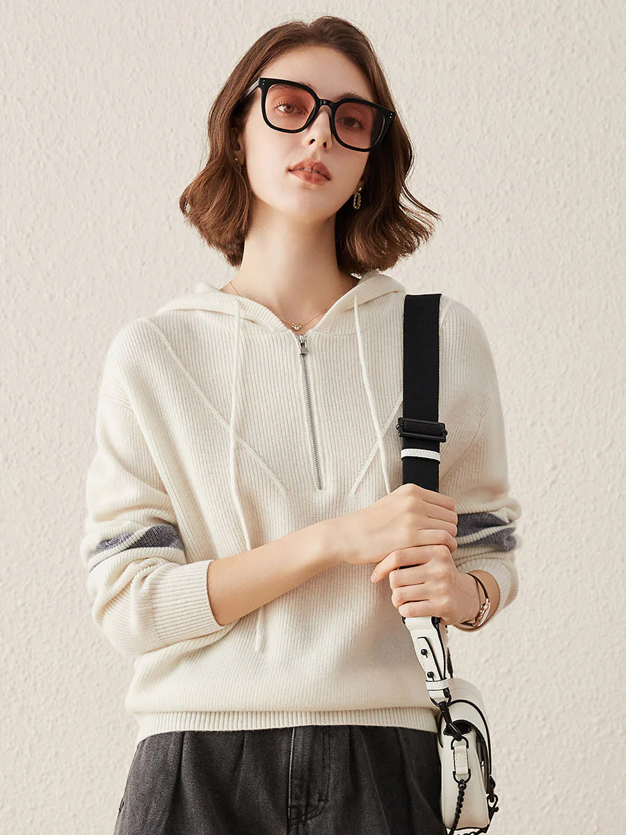 100% Cashmere Women's Half Zip Sweater Knit Hoodie