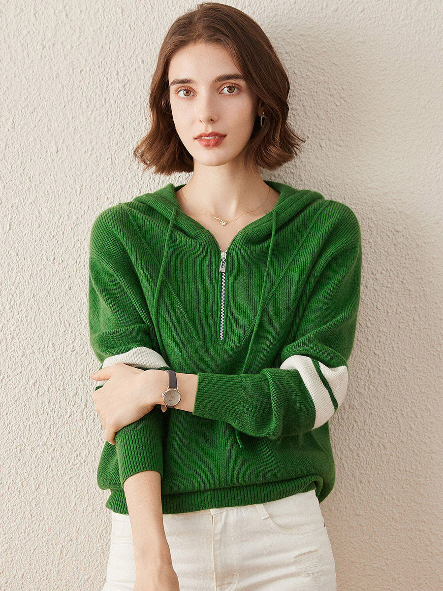 100% Cashmere Women's Half Zip Sweater Knit Hoodie