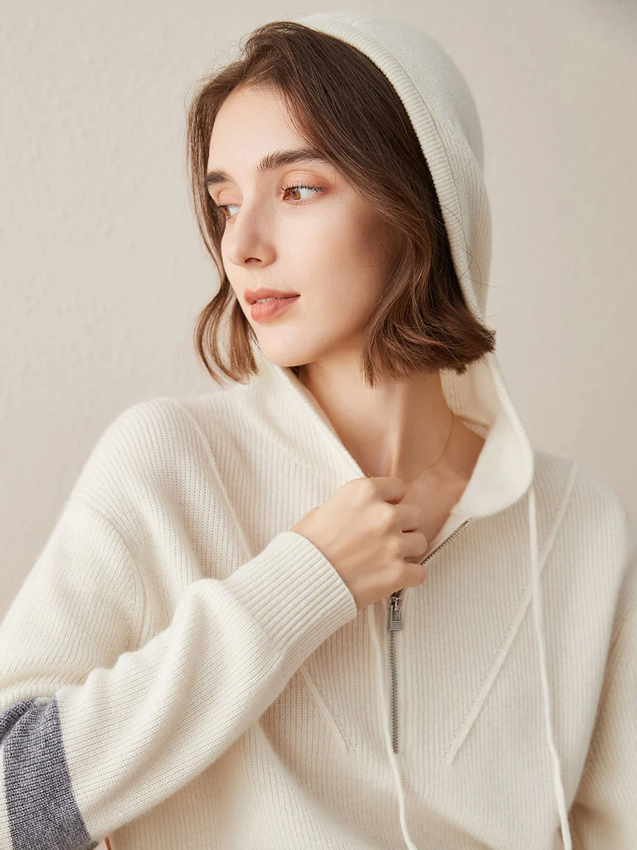 100% Cashmere Women's Half Zip Sweater Knit Hoodie