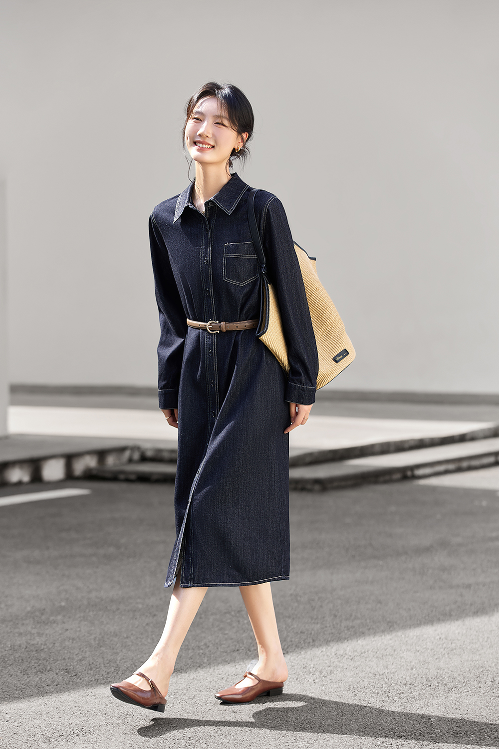 Denim Shirt Dress with Contrast Topstitching