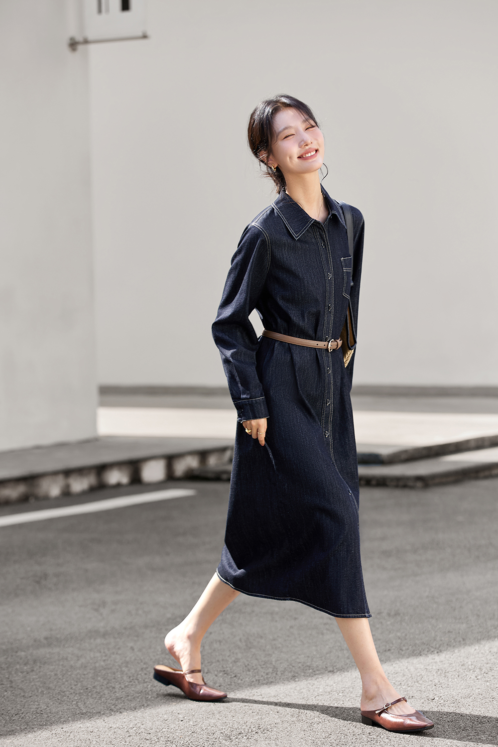 Denim Shirt Dress with Contrast Topstitching