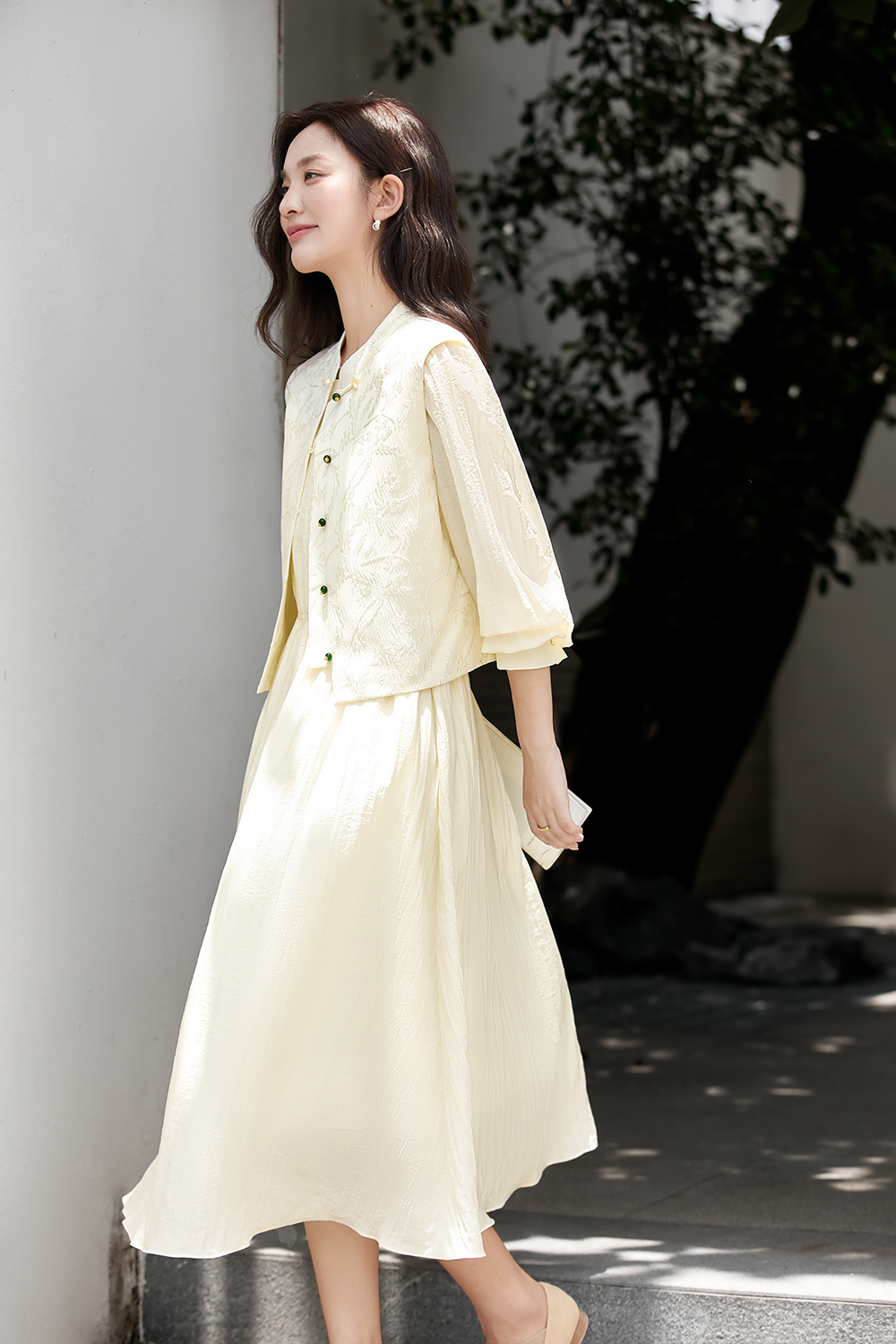 New Chinese Style Elegant Jacquard Vest and Round Neck Long Dress Two-Piece Set