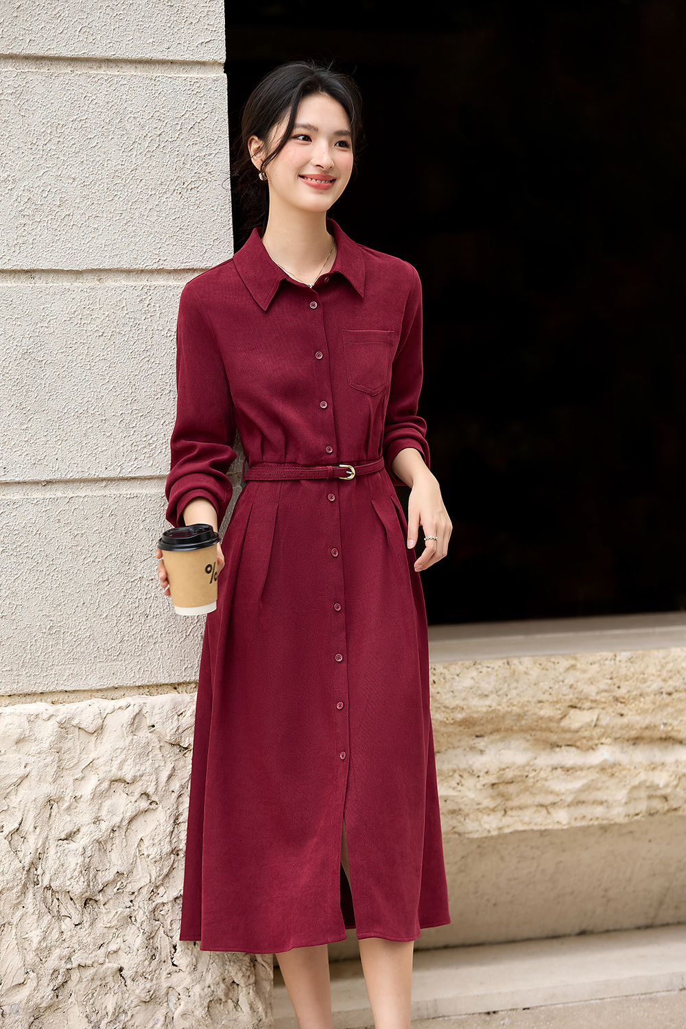 French Vintage Lapel Slimming Shirt Dress