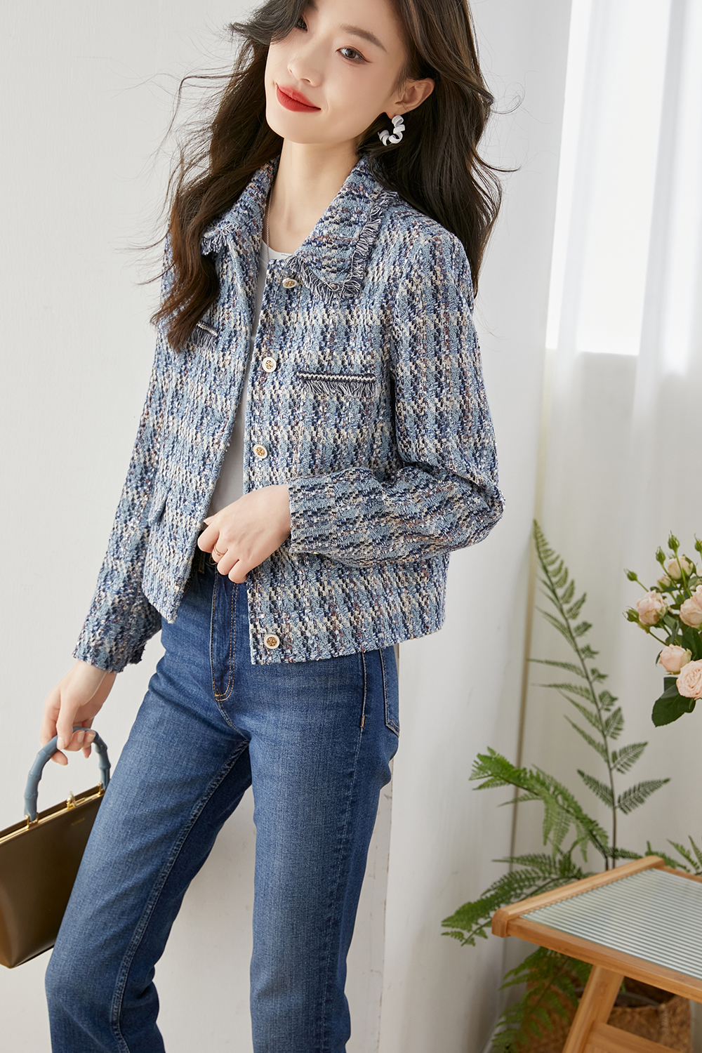 Lapel Blended Checkered Jacket