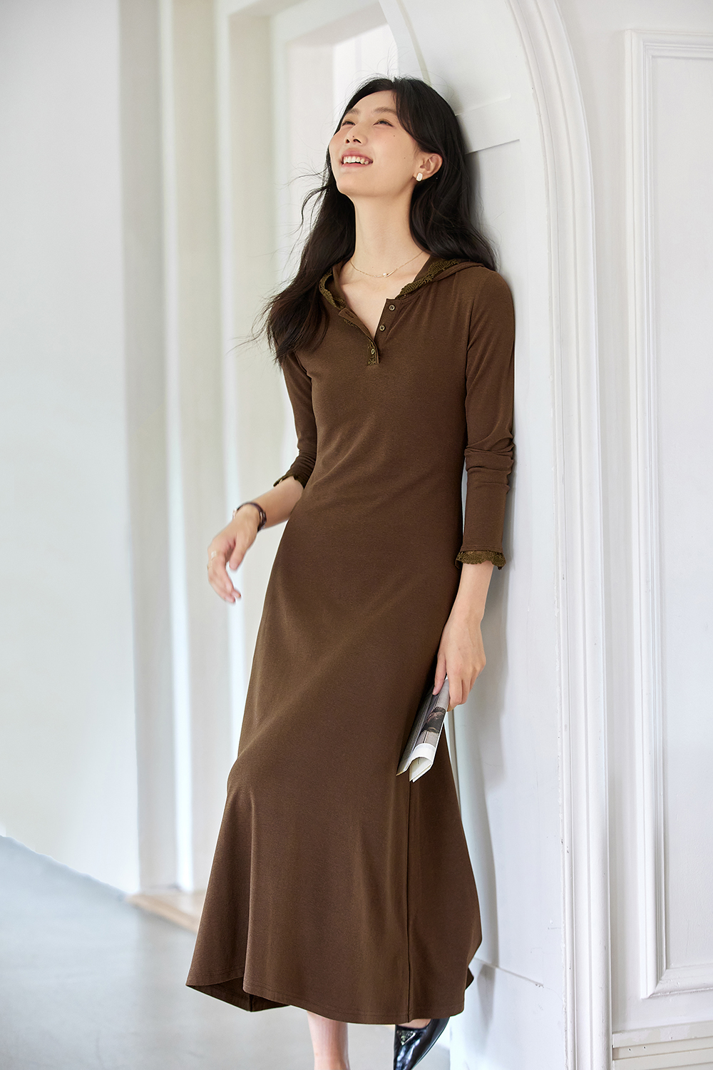 Lace-Trimmed Hooded Fit-and-Flare Dress