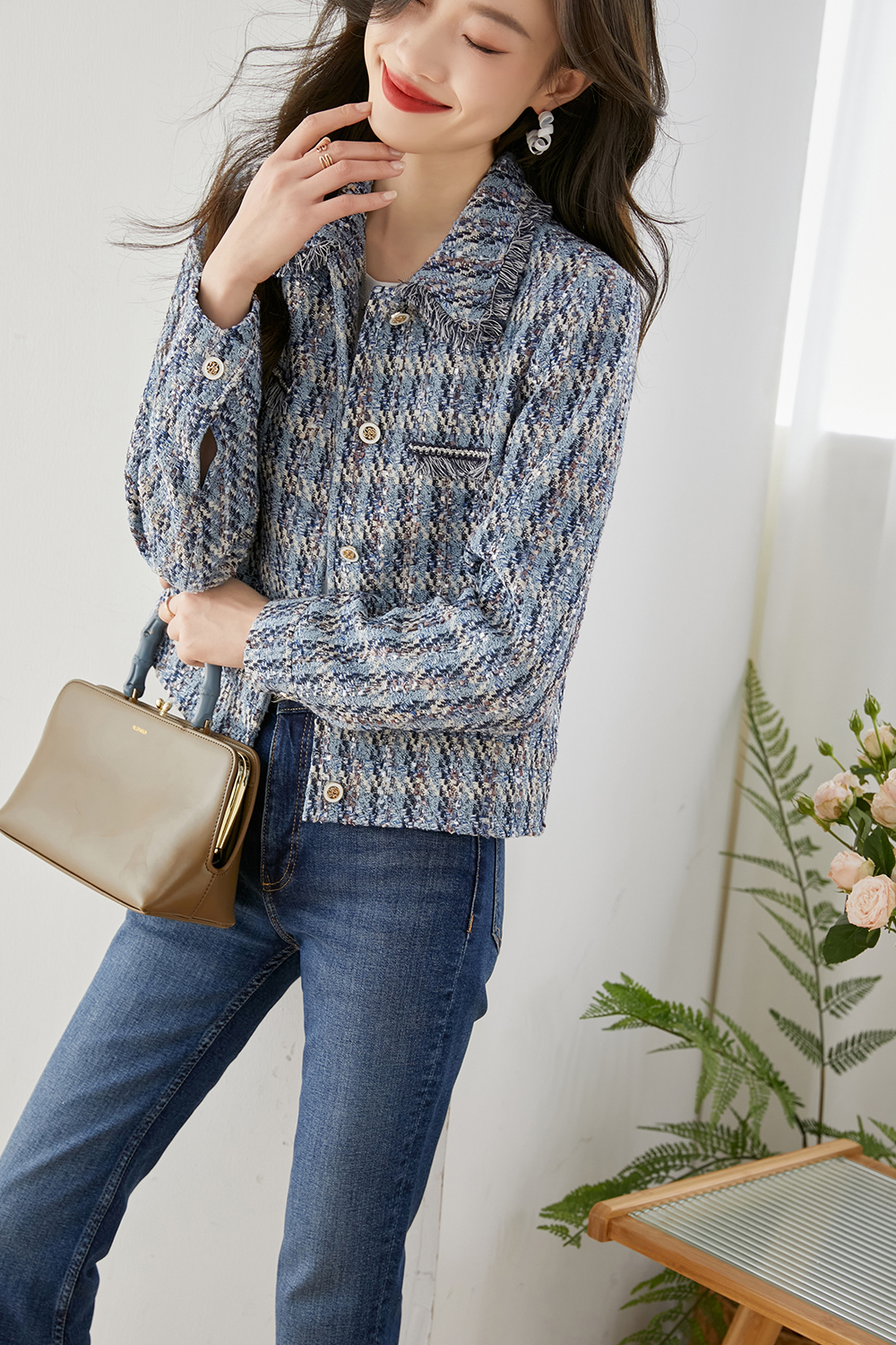 Lapel Blended Checkered Jacket