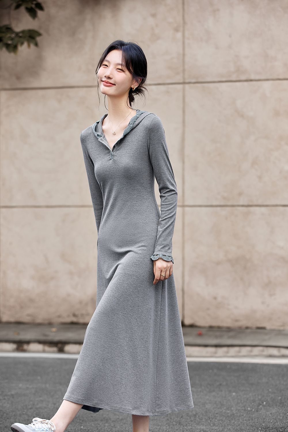 Lace-Trimmed Hooded Fit-and-Flare Dress