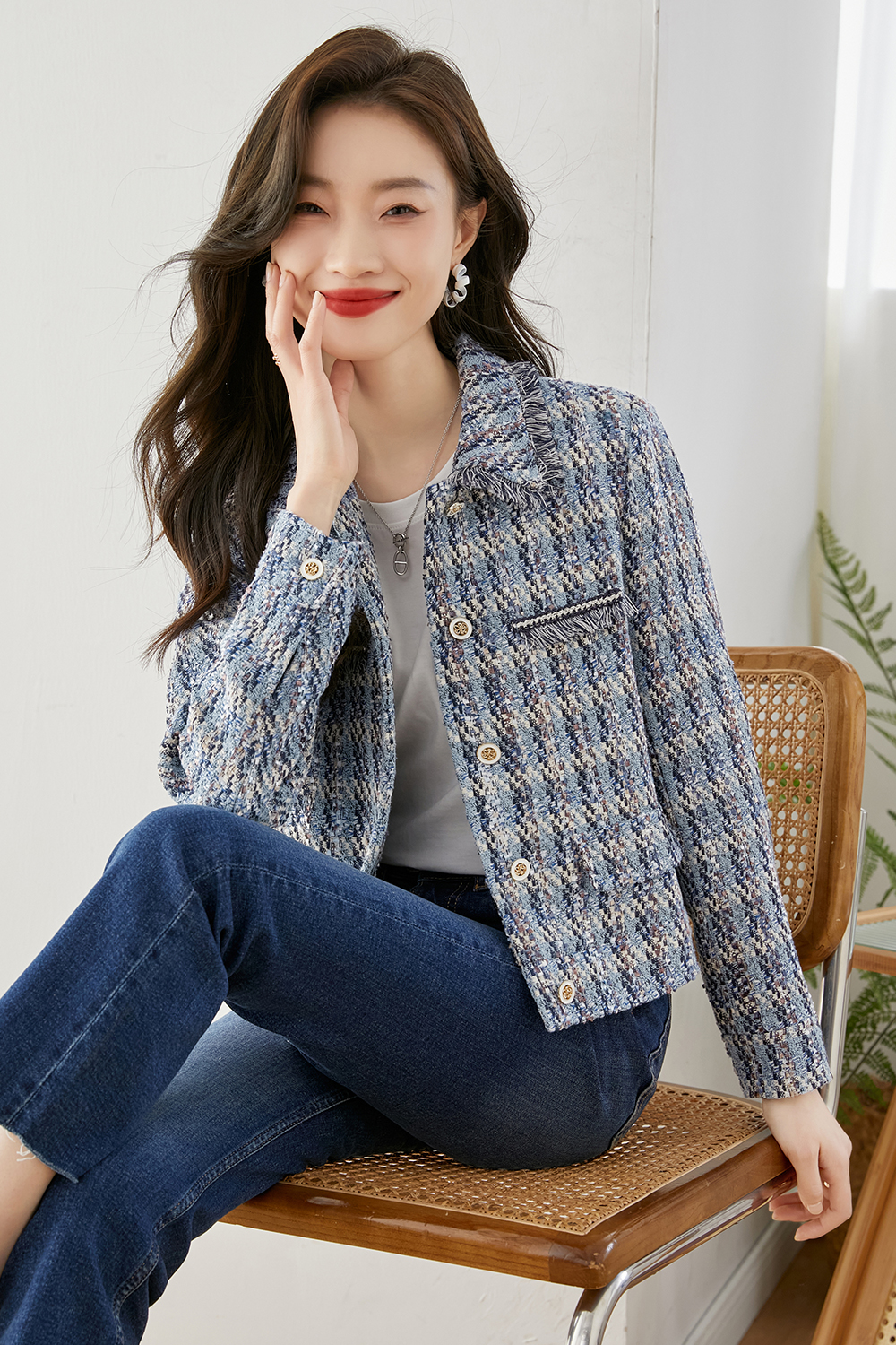 Lapel Blended Checkered Jacket
