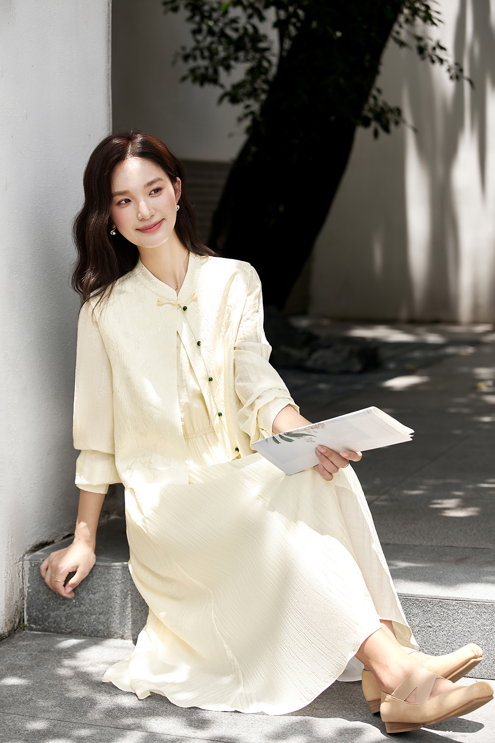 New Chinese Style Elegant Jacquard Vest and Round Neck Long Dress Two-Piece Set