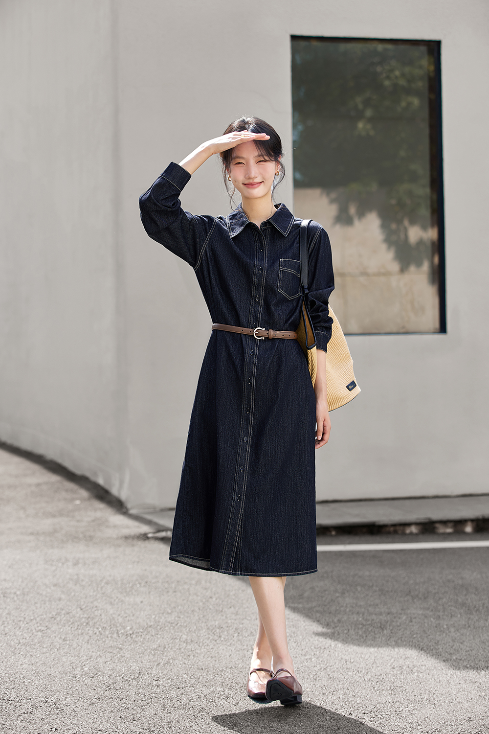Denim Shirt Dress with Contrast Topstitching