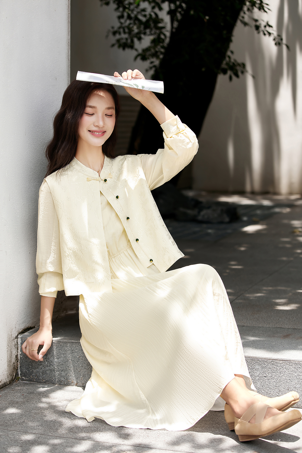 New Chinese Style Elegant Jacquard Vest and Round Neck Long Dress Two-Piece Set