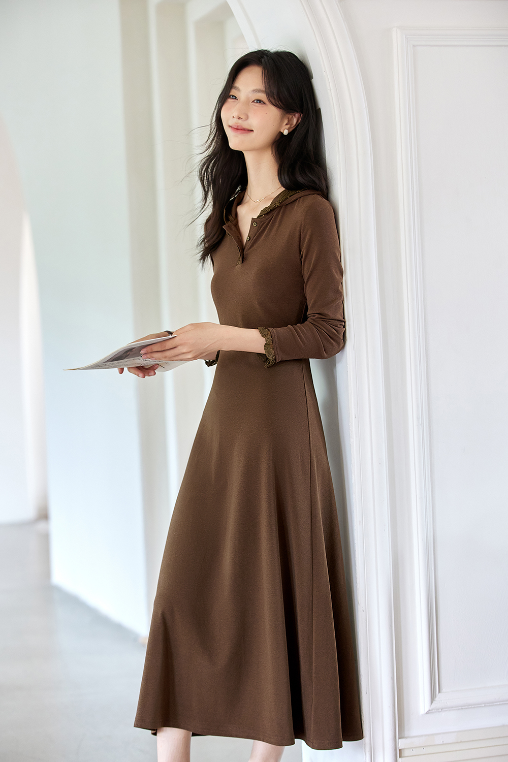 Lace-Trimmed Hooded Fit-and-Flare Dress