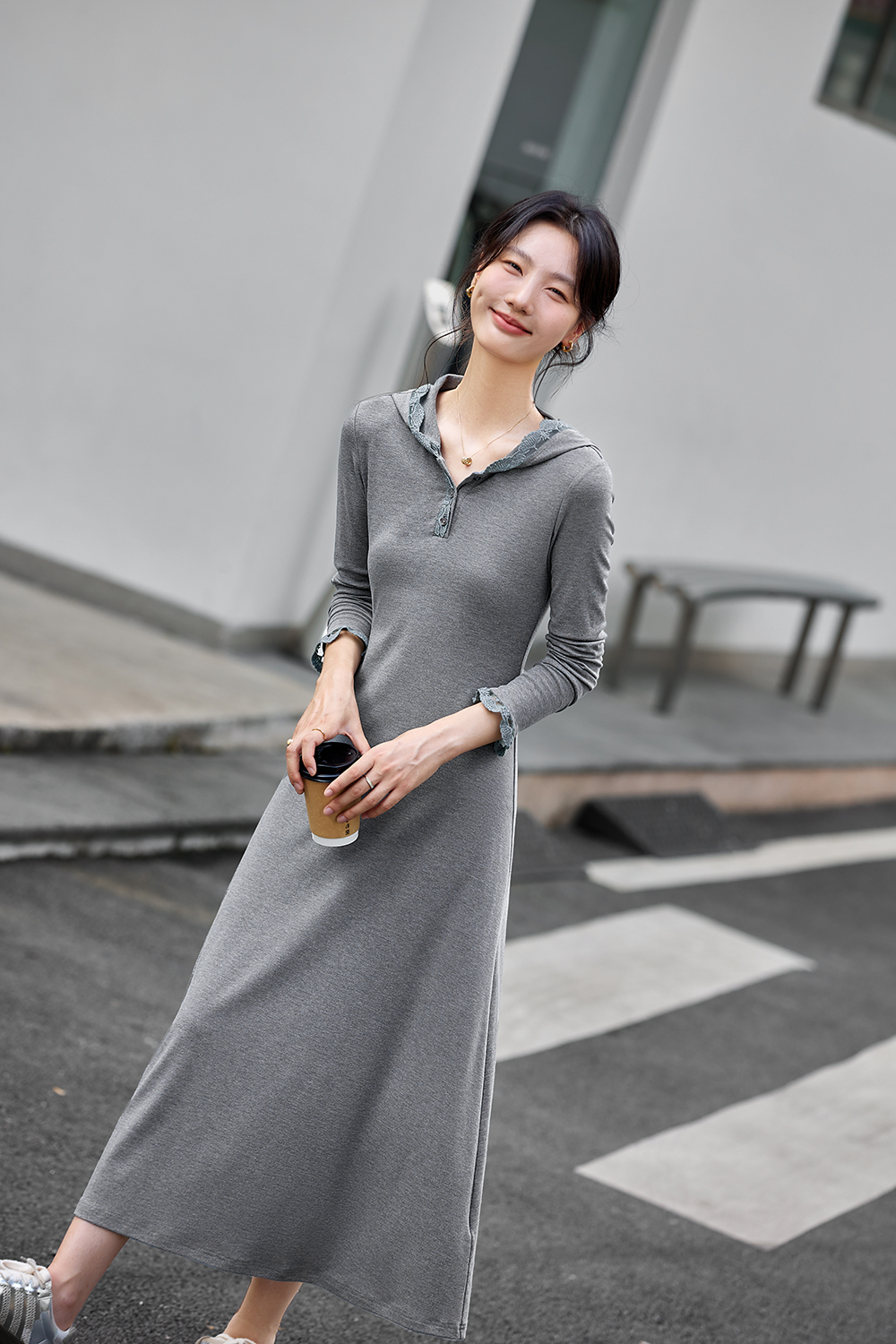 Lace-Trimmed Hooded Fit-and-Flare Dress