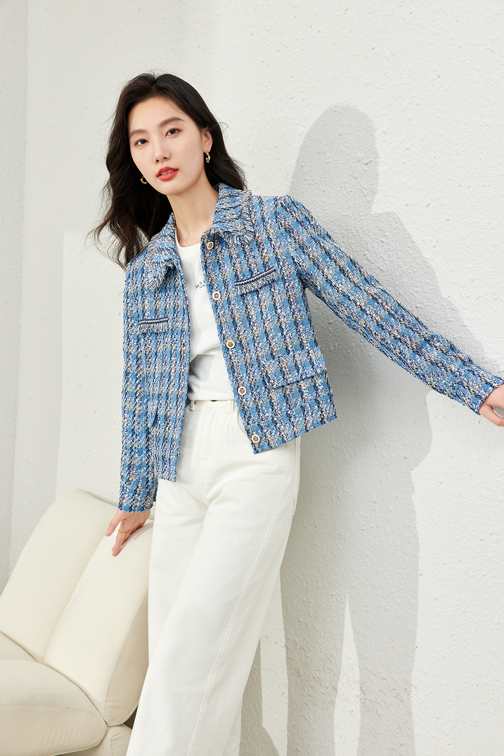 Lapel Blended Checkered Jacket