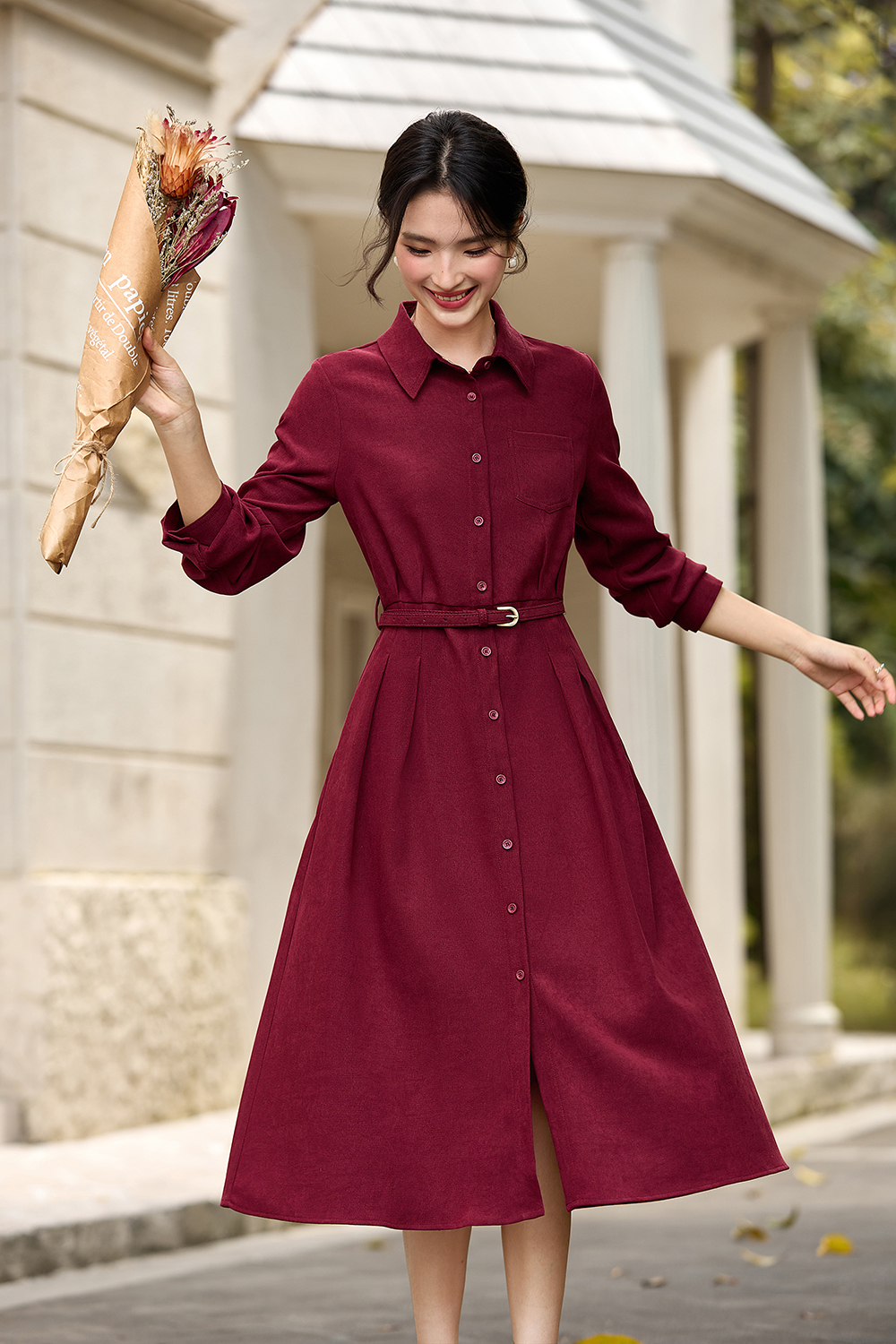 French Vintage Lapel Slimming Shirt Dress