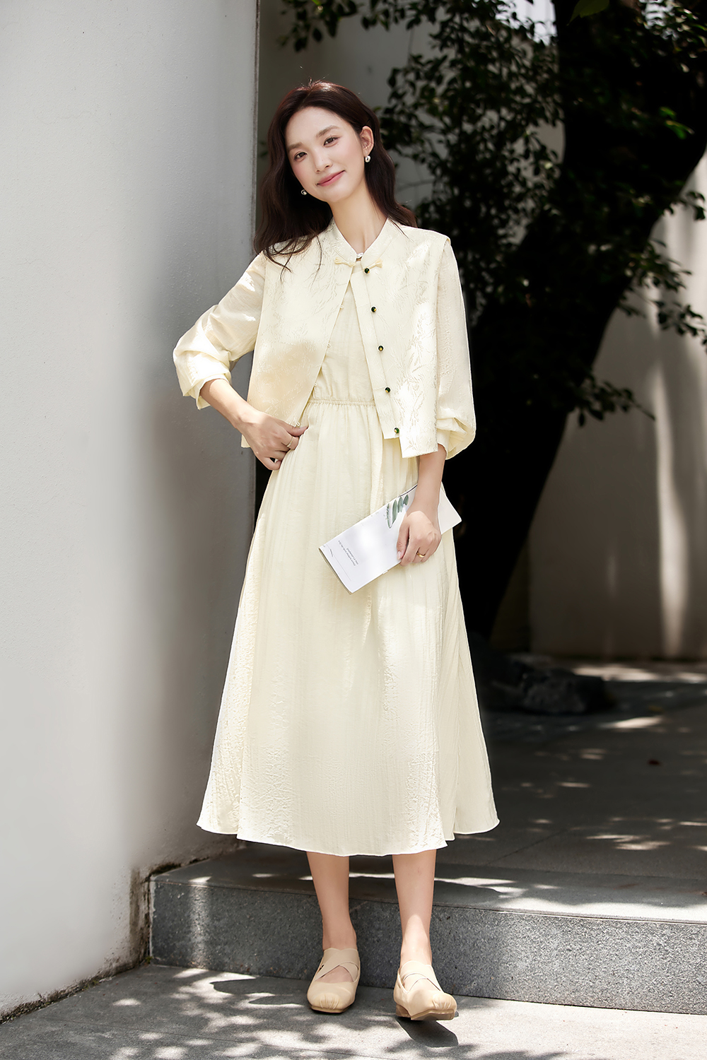 New Chinese Style Elegant Jacquard Vest and Round Neck Long Dress Two-Piece Set