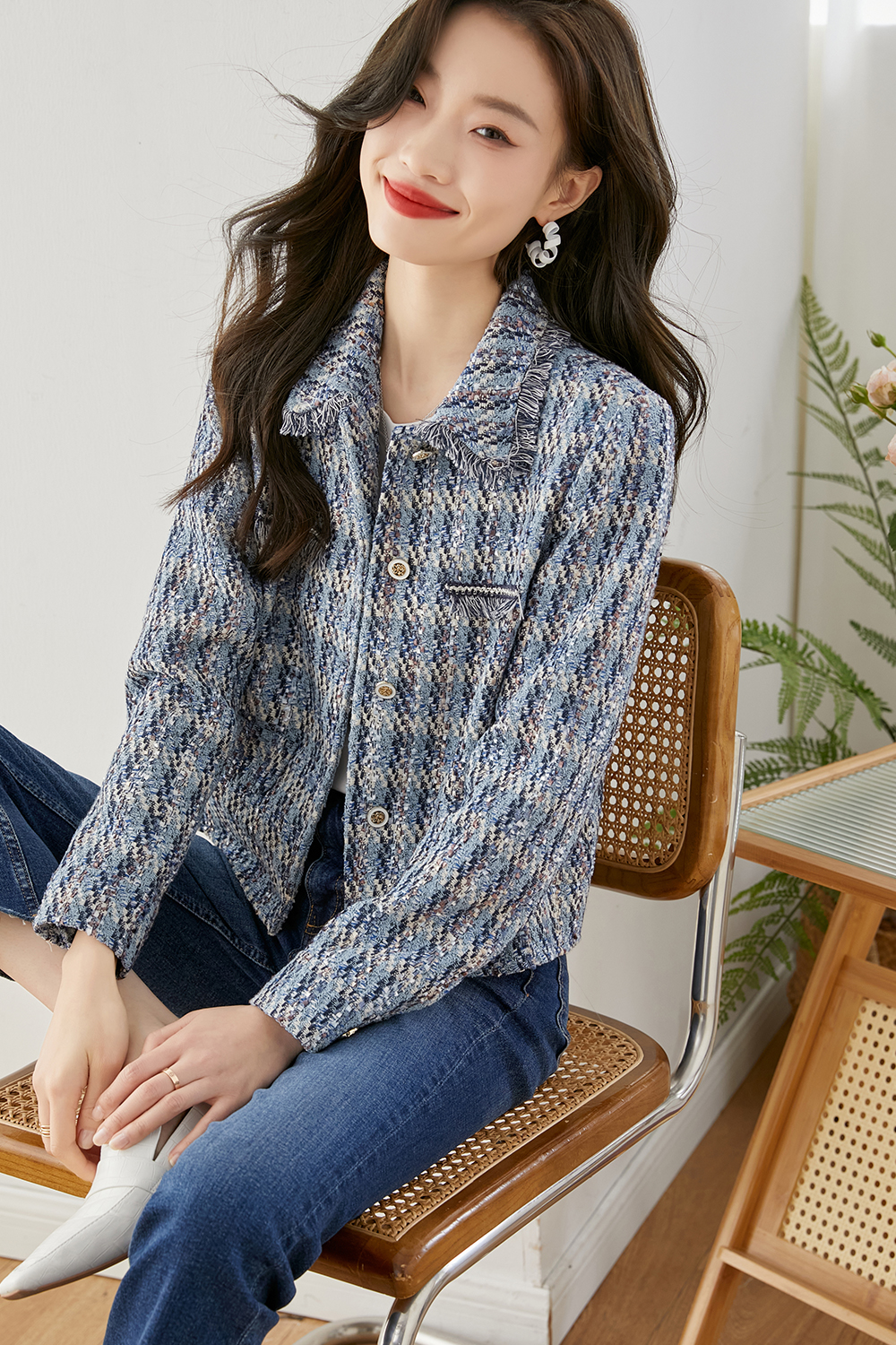 Lapel Blended Checkered Jacket