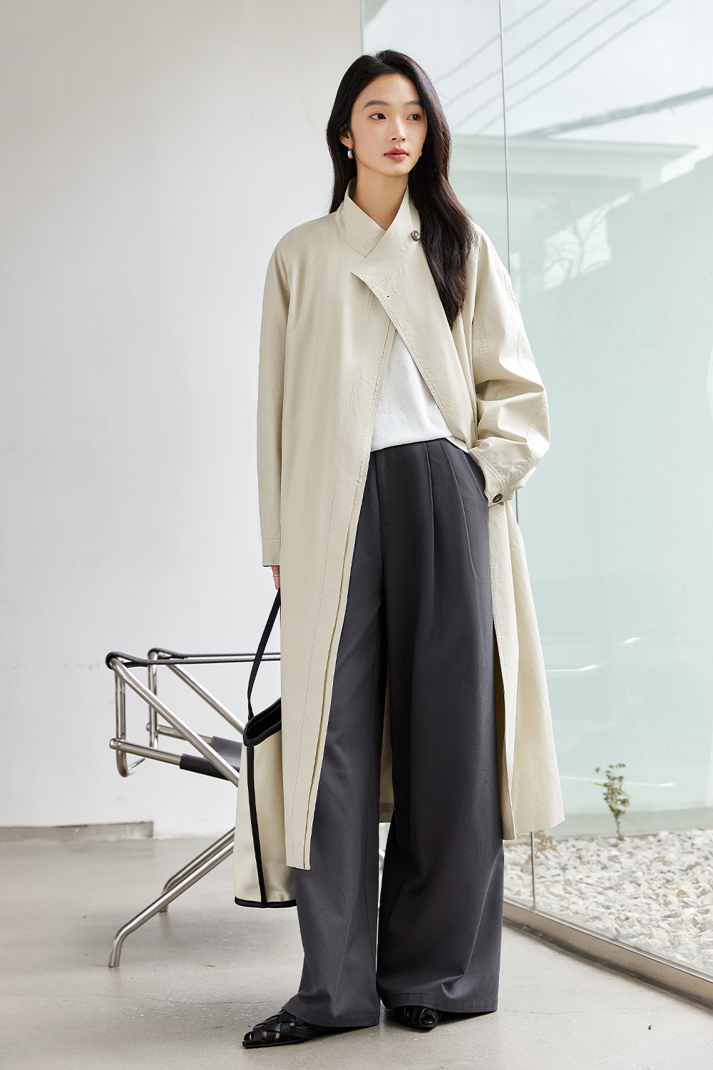 Stand-Up Collar Buttoned Trench Coat