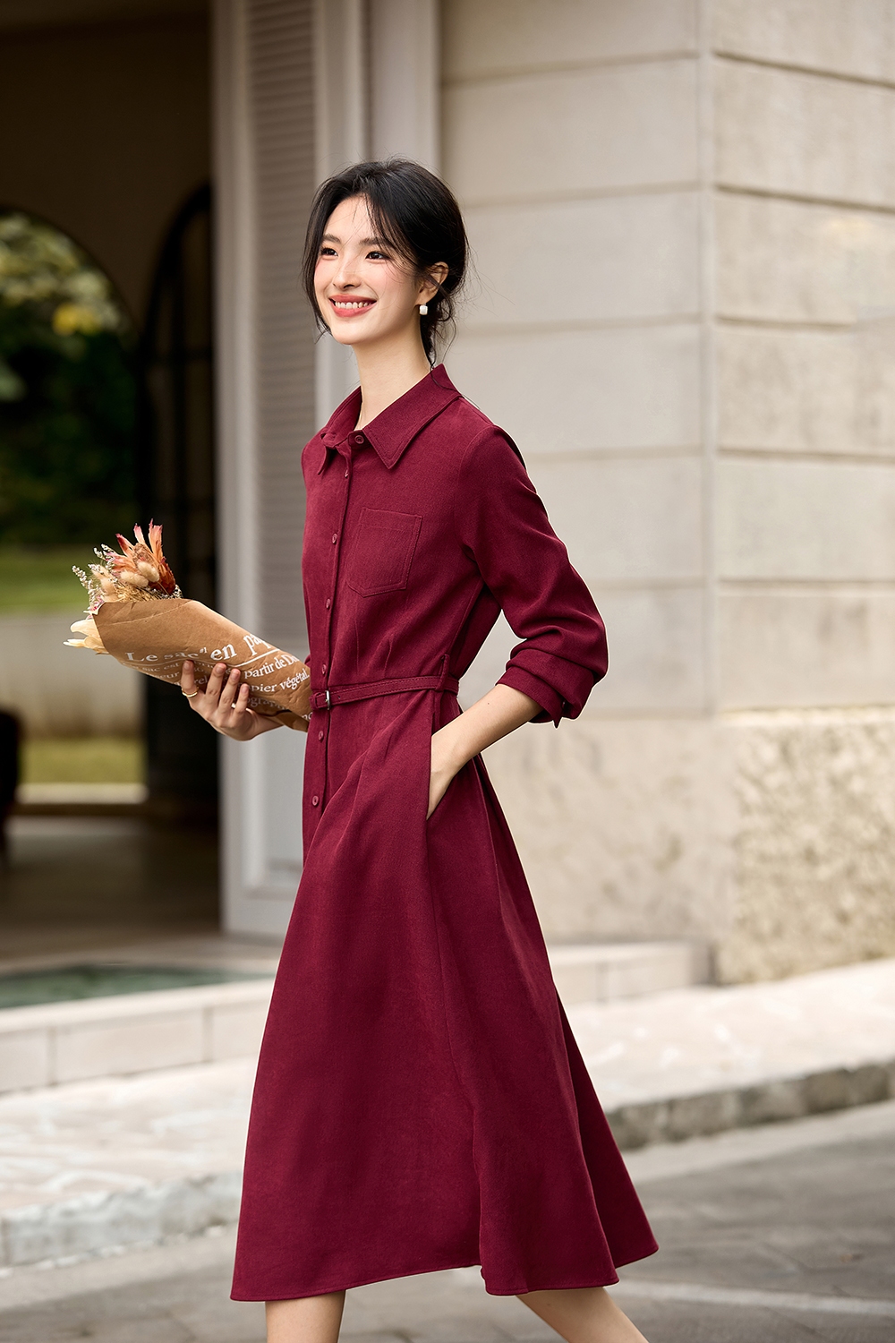 French Vintage Lapel Slimming Shirt Dress