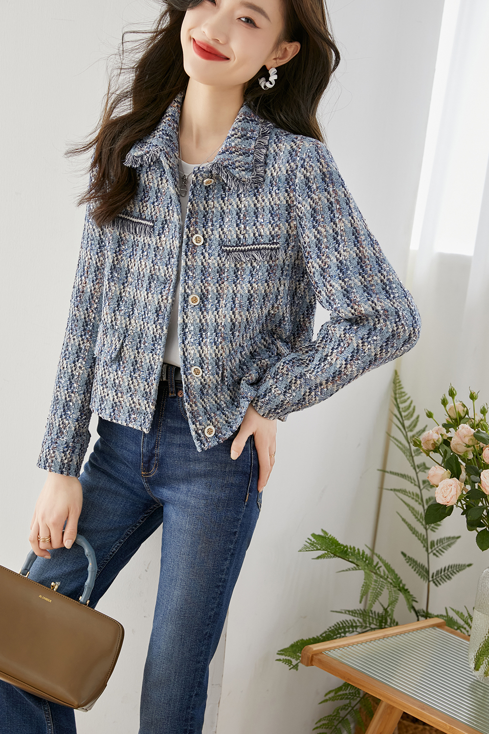 Lapel Blended Checkered Jacket