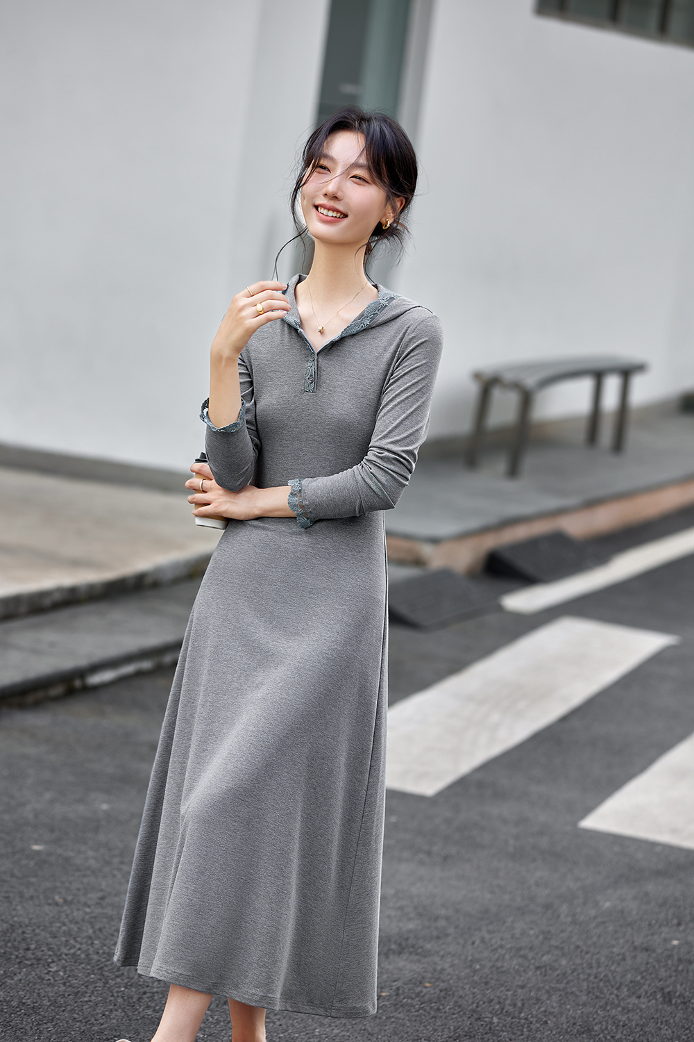 Lace-Trimmed Hooded Fit-and-Flare Dress