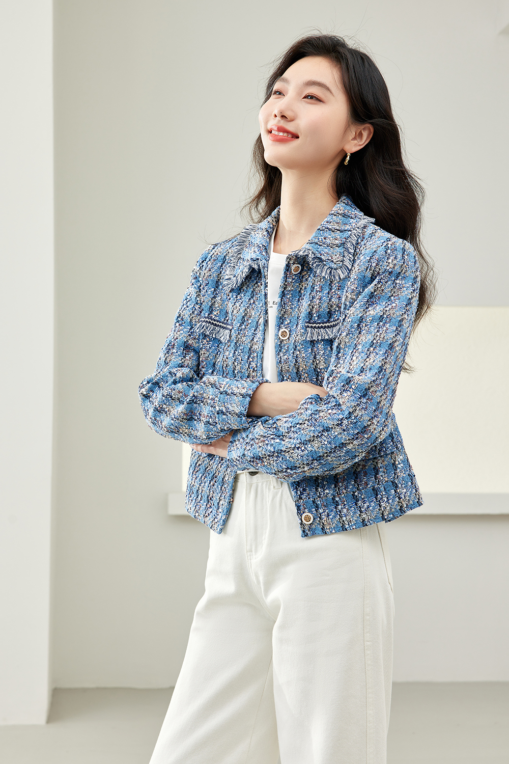Lapel Blended Checkered Jacket