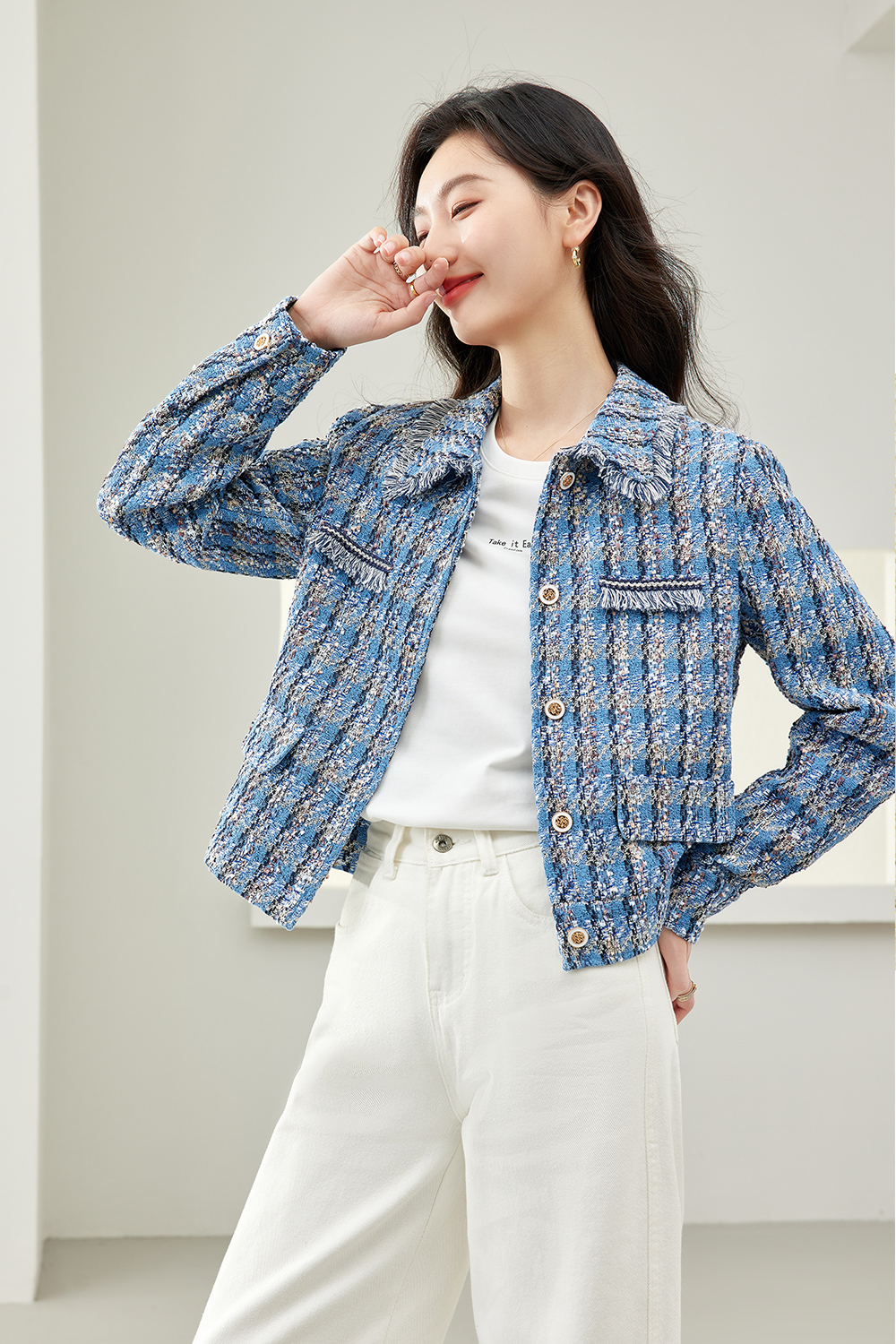 Lapel Blended Checkered Jacket