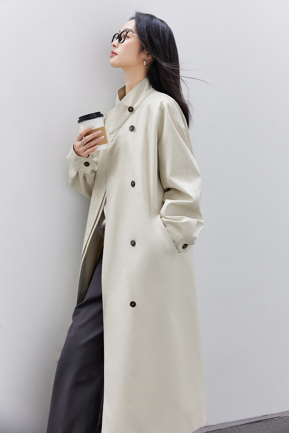 Stand-Up Collar Buttoned Trench Coat
