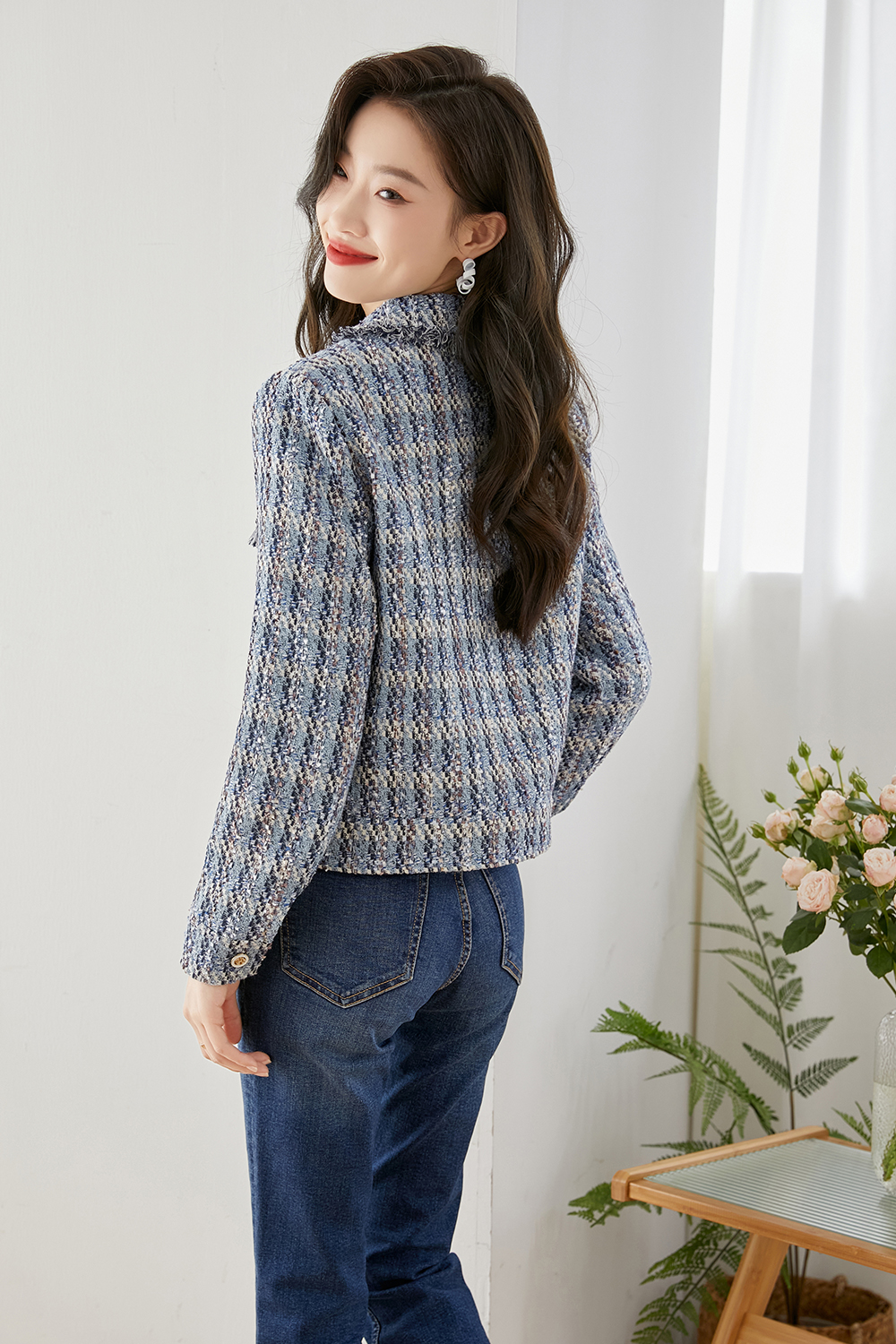 Lapel Blended Checkered Jacket