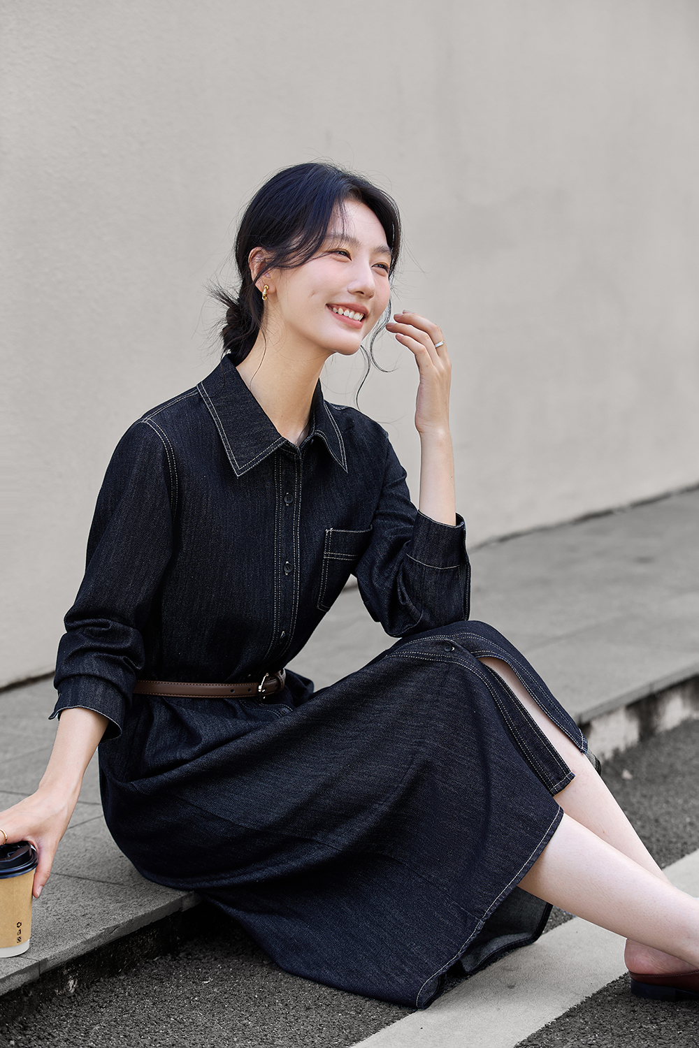 Denim Shirt Dress with Contrast Topstitching