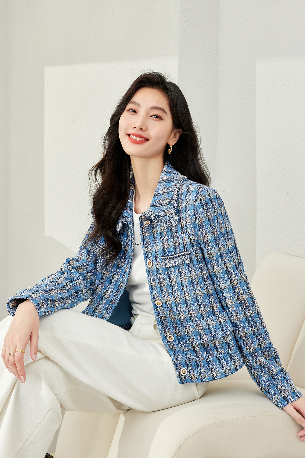 Lapel Blended Checkered Jacket