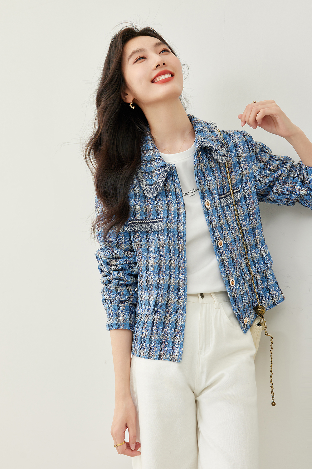Lapel Blended Checkered Jacket
