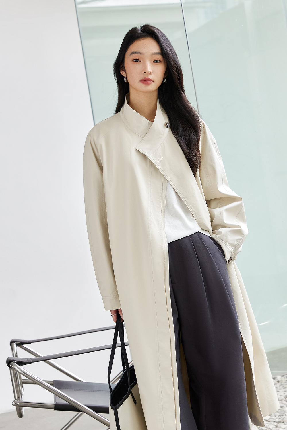 Stand-Up Collar Buttoned Trench Coat