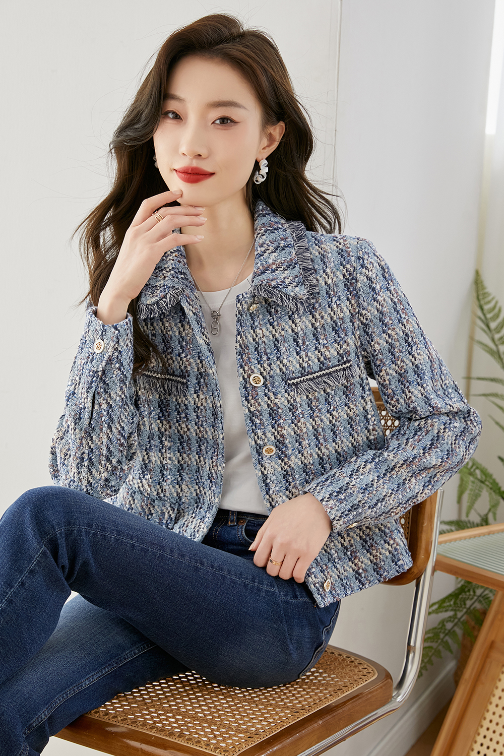 Lapel Blended Checkered Jacket