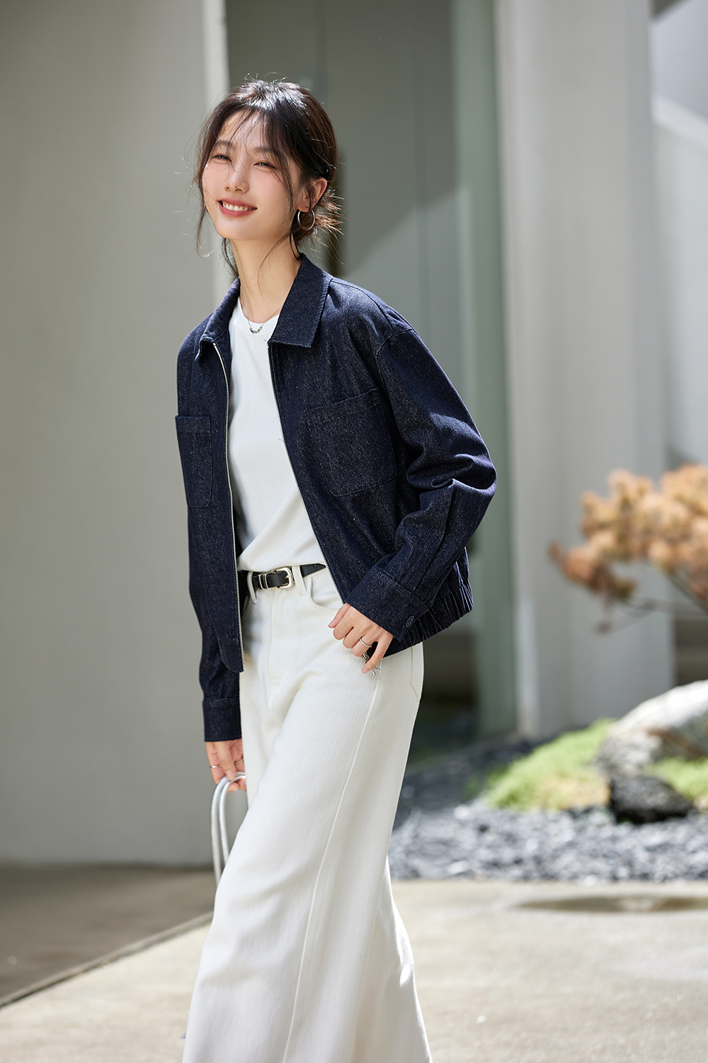 Washed Denim Jacket with Youthful Straight Cut