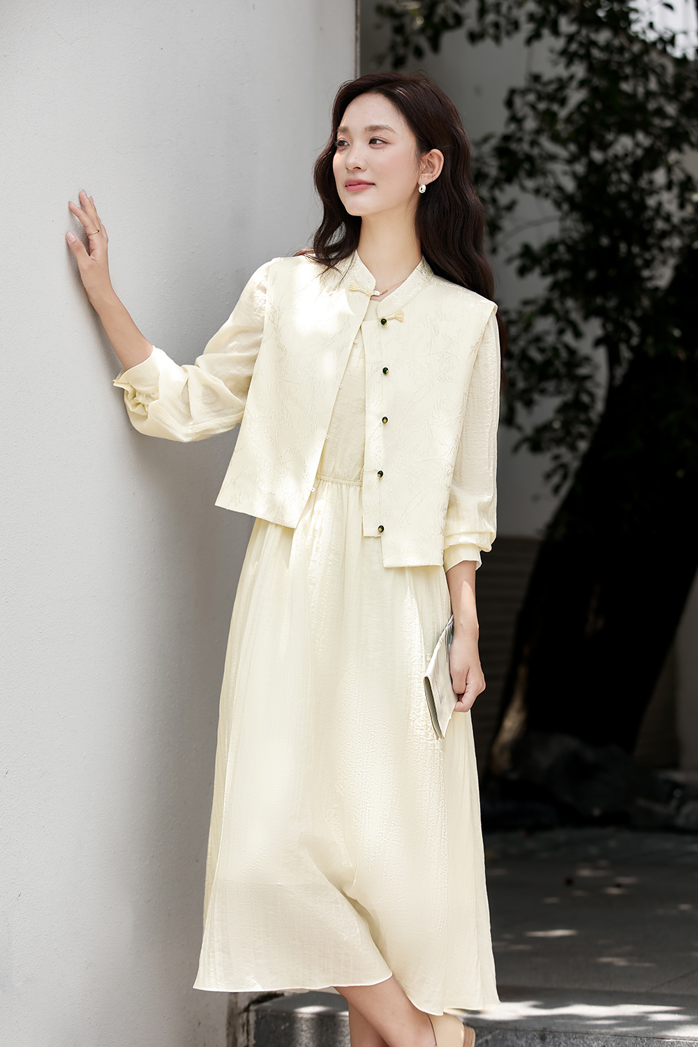 New Chinese Style Elegant Jacquard Vest and Round Neck Long Dress Two-Piece Set