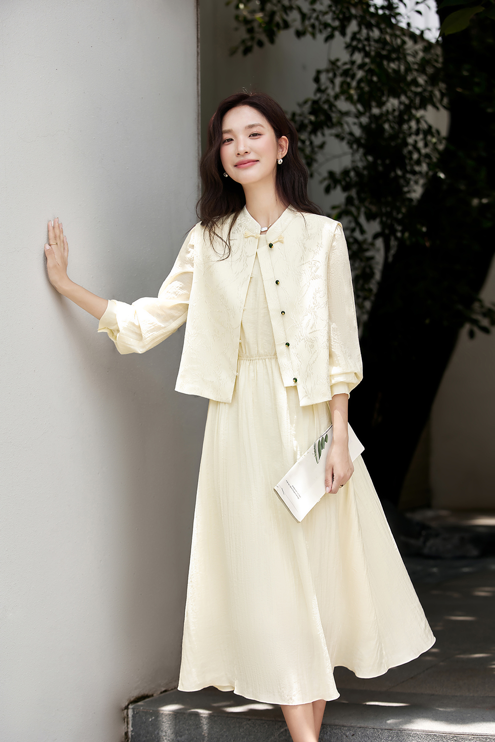 New Chinese Style Elegant Jacquard Vest and Round Neck Long Dress Two-Piece Set