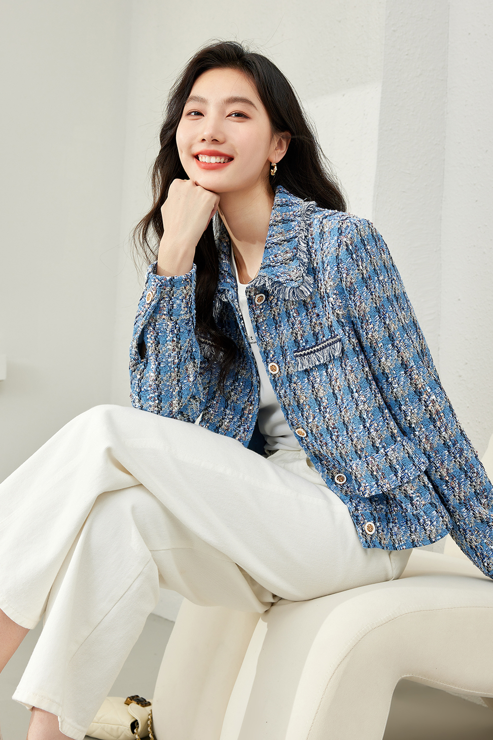 Lapel Blended Checkered Jacket