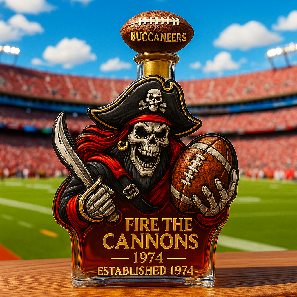 Tampa Bay Buccaneers Glass Whiskey Bottle โ€“ โ€Fire the Cannonsโ€ 1974 Edition