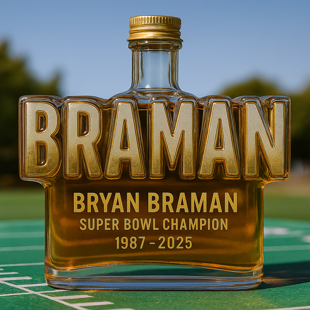 Bryan Braman Memorial Whiskey Bottle โ€“ Super Bowl Champion Tribute (1987โ€“2025)