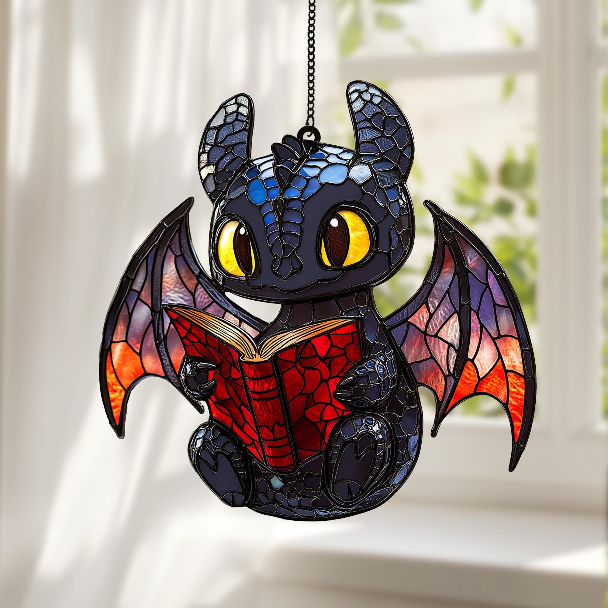 Cute Dragon Read Book Faux Stained Glass Suncatcher