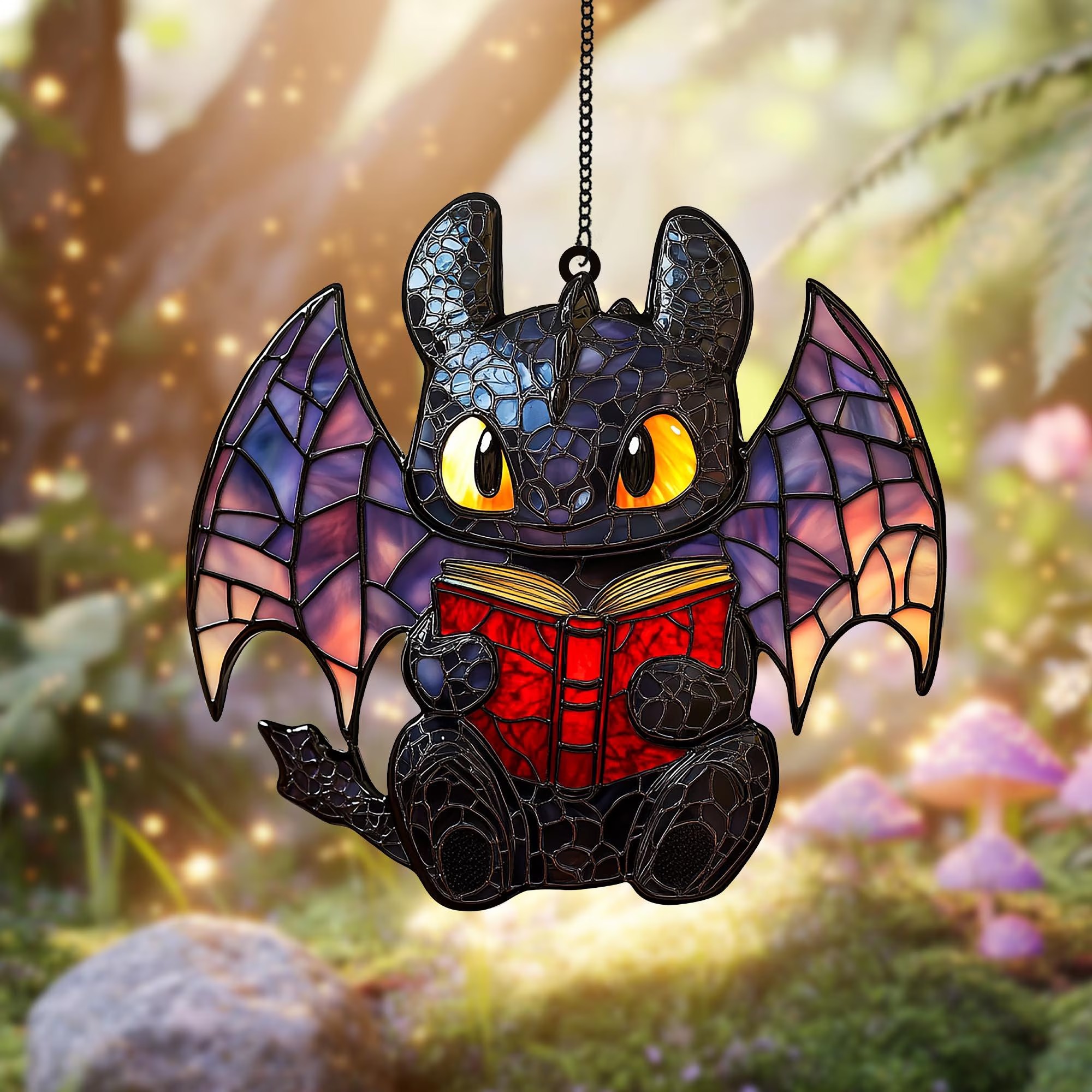 Cute Dragon Read Book Faux Stained Glass Suncatcher